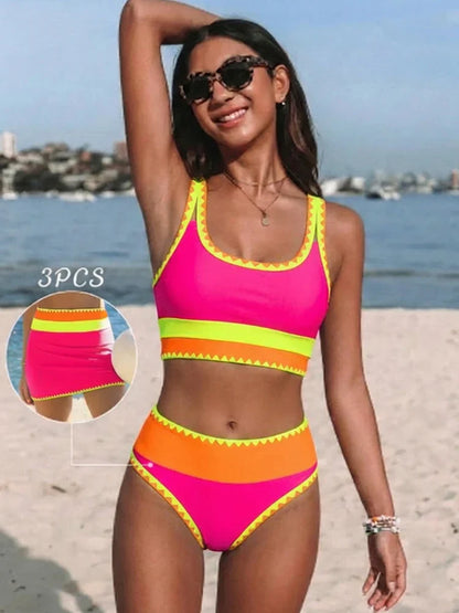 Sporty Colorblock 3-Piece Bikini Set