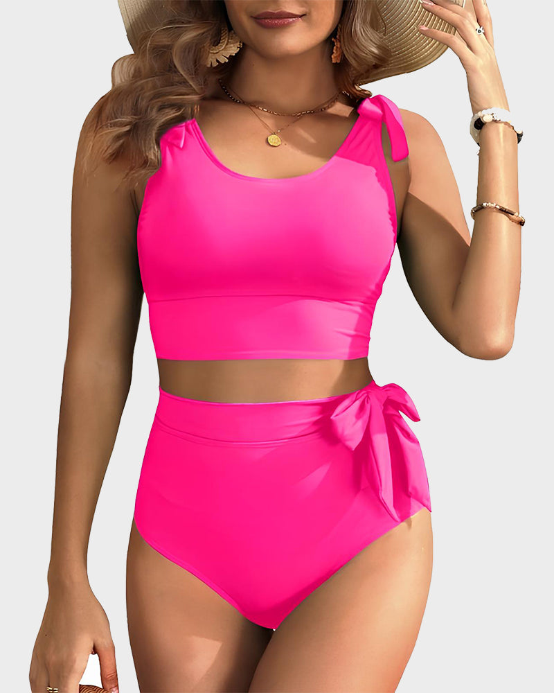 Women's Double Tie Shoulder High Waist Tummy Control Bikini Set