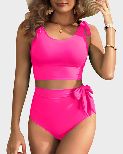 Women's Double Tie Shoulder High Waist Tummy Control Bikini Set